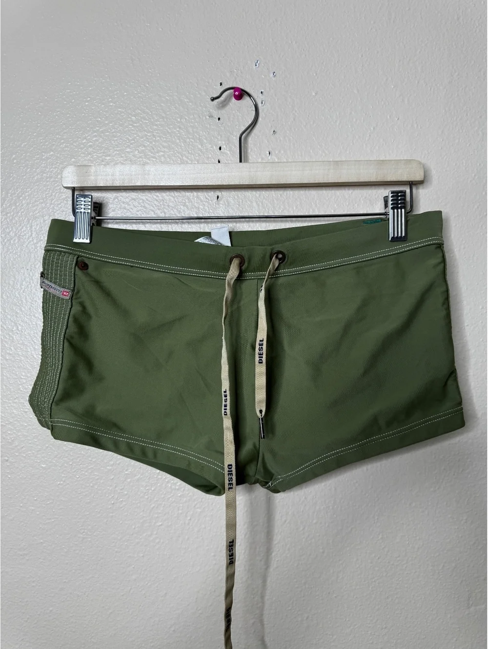 Diesel Beachwear Mens Size L Olive Green Square Leg Swim Trunks Drawstring Y2K